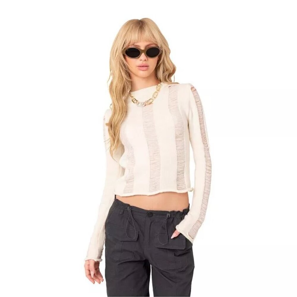 NWT | Edikted, Cream Distressed Knit Sweater, Size S